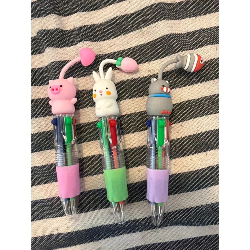 3pc Kawaii Animal Multi Color Ballpoint Pens Pig Bunny Cat 6-in-1 Ink Set